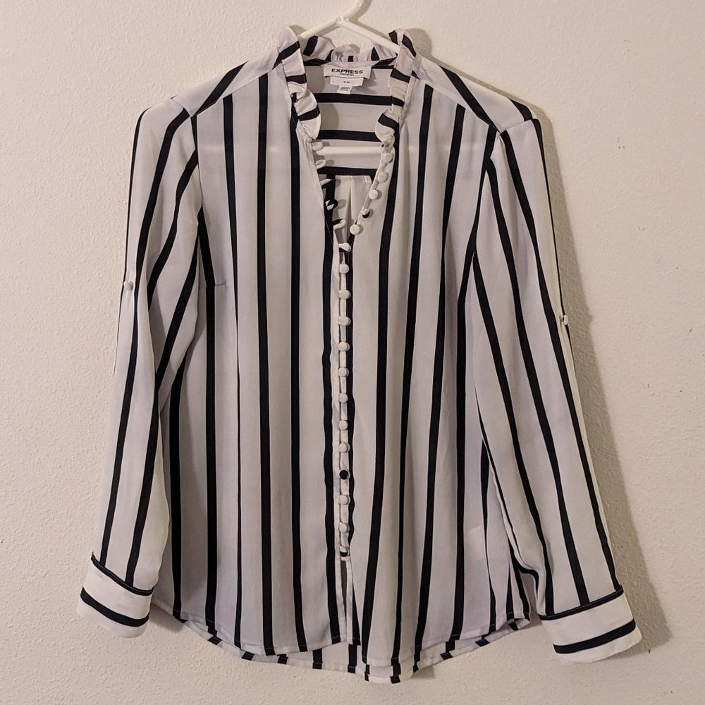 Express Black & White Striped Blouse, Slim, Petite Small,  Ruffle Neckline